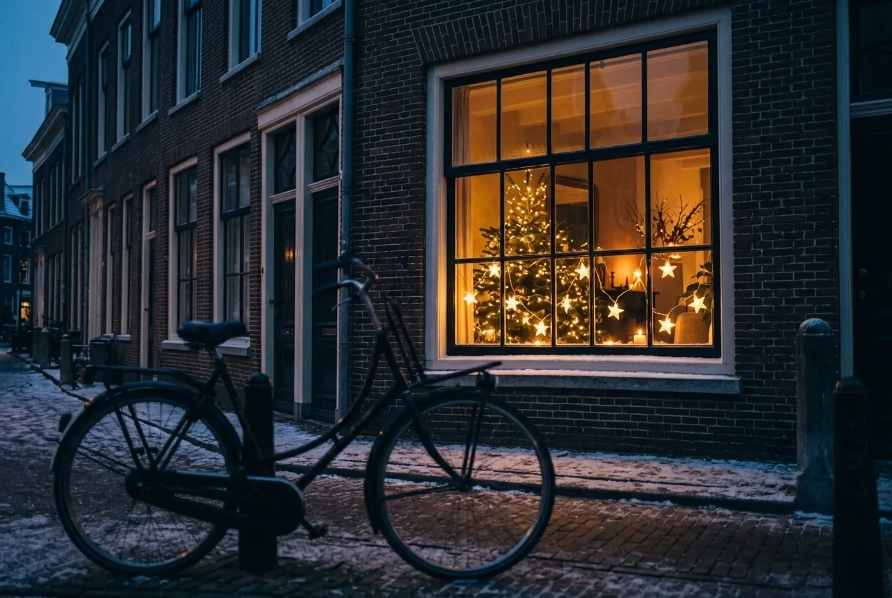 Nederlands rijtjeshuis met verlicht raam vol sterrenslinger op een winteravond