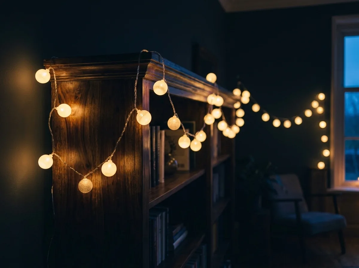 Slinger met lichtgevende bolletjes boven een boekenkast