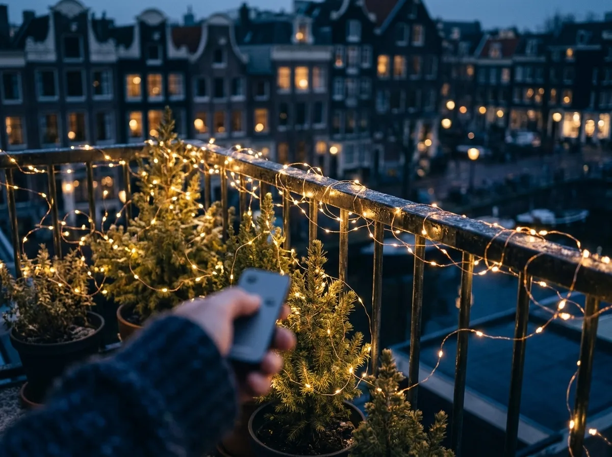Balkonreling omwikkeld met koperdraad-lichtsnoer, bediend met afstandsbediening