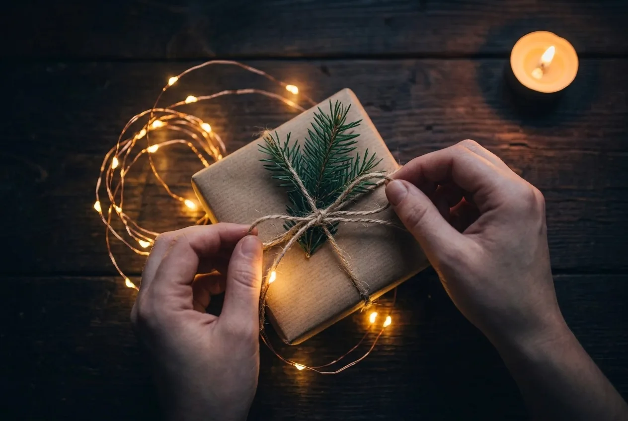 Klein kerstcadeautje inpakken met lichtsnoer en adventskaars