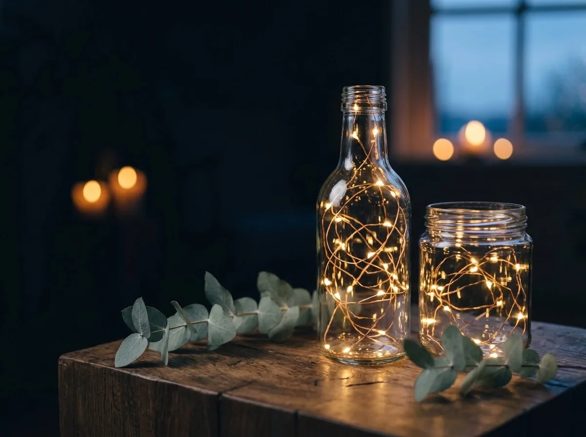 Koperdraad-lichtsnoer in glazen pot en fles op een bijzettafel