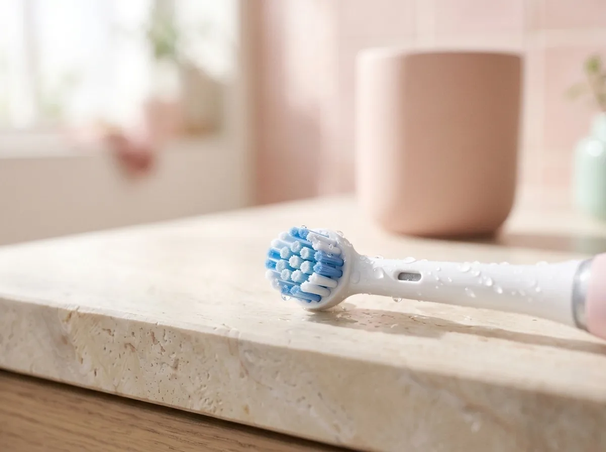 Ronde opzetborstel met waterdruppels op een lichte stenen ondergrond