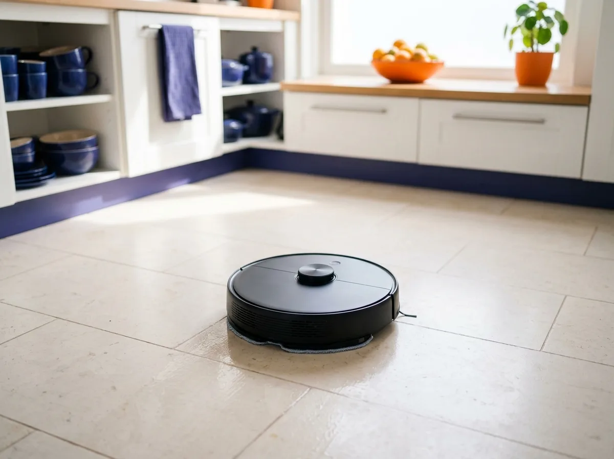 Robotstofzuiger dweilt een lichte keukenvloer