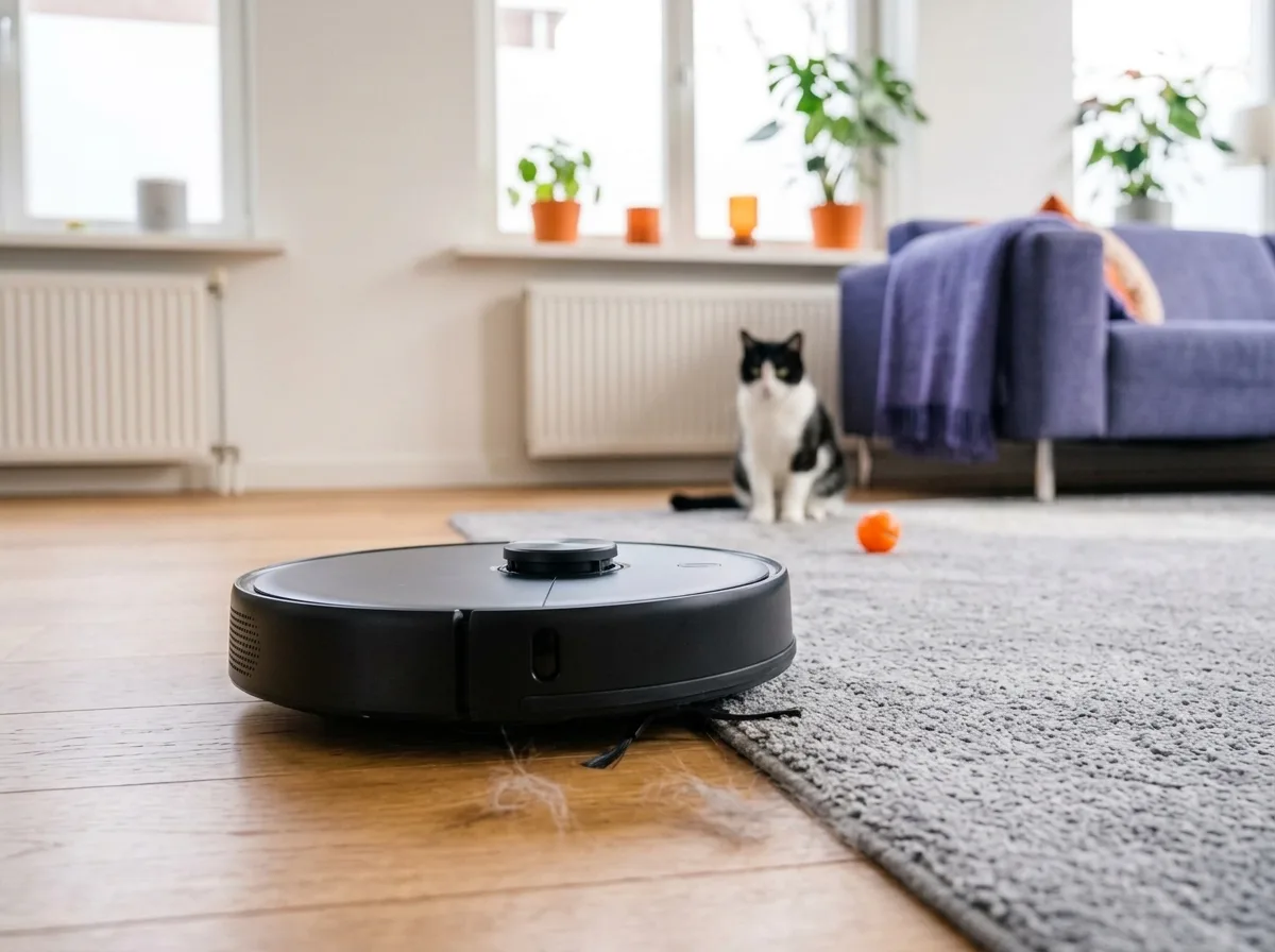 Robotstofzuiger zuigt huisdierhaar op van een vloerkleed terwijl een kat toekijkt