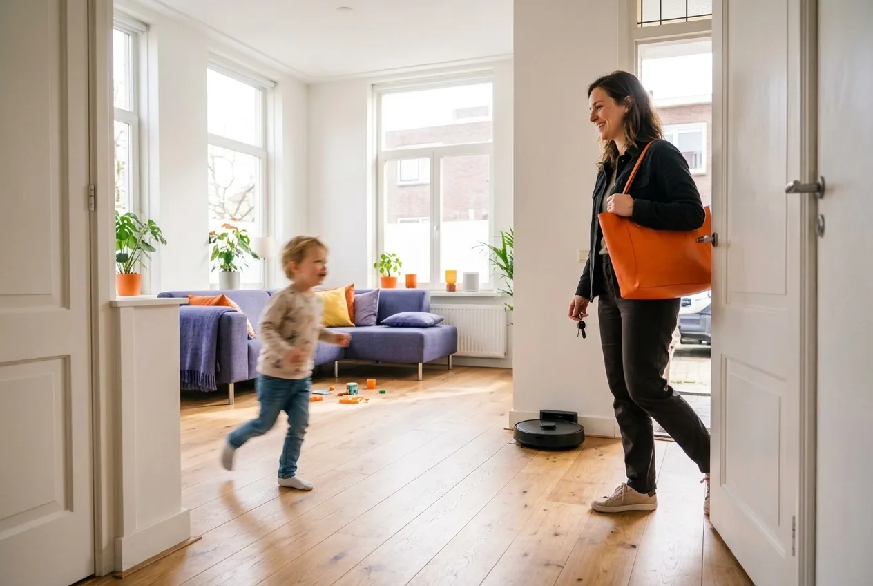 Vrouw komt thuis in een schoon, licht huis terwijl de robot in zijn station staat