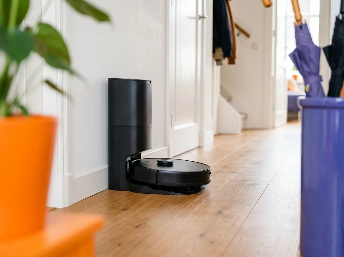 Robotstofzuiger in zijn zelfledigende basisstation in een lichte hal