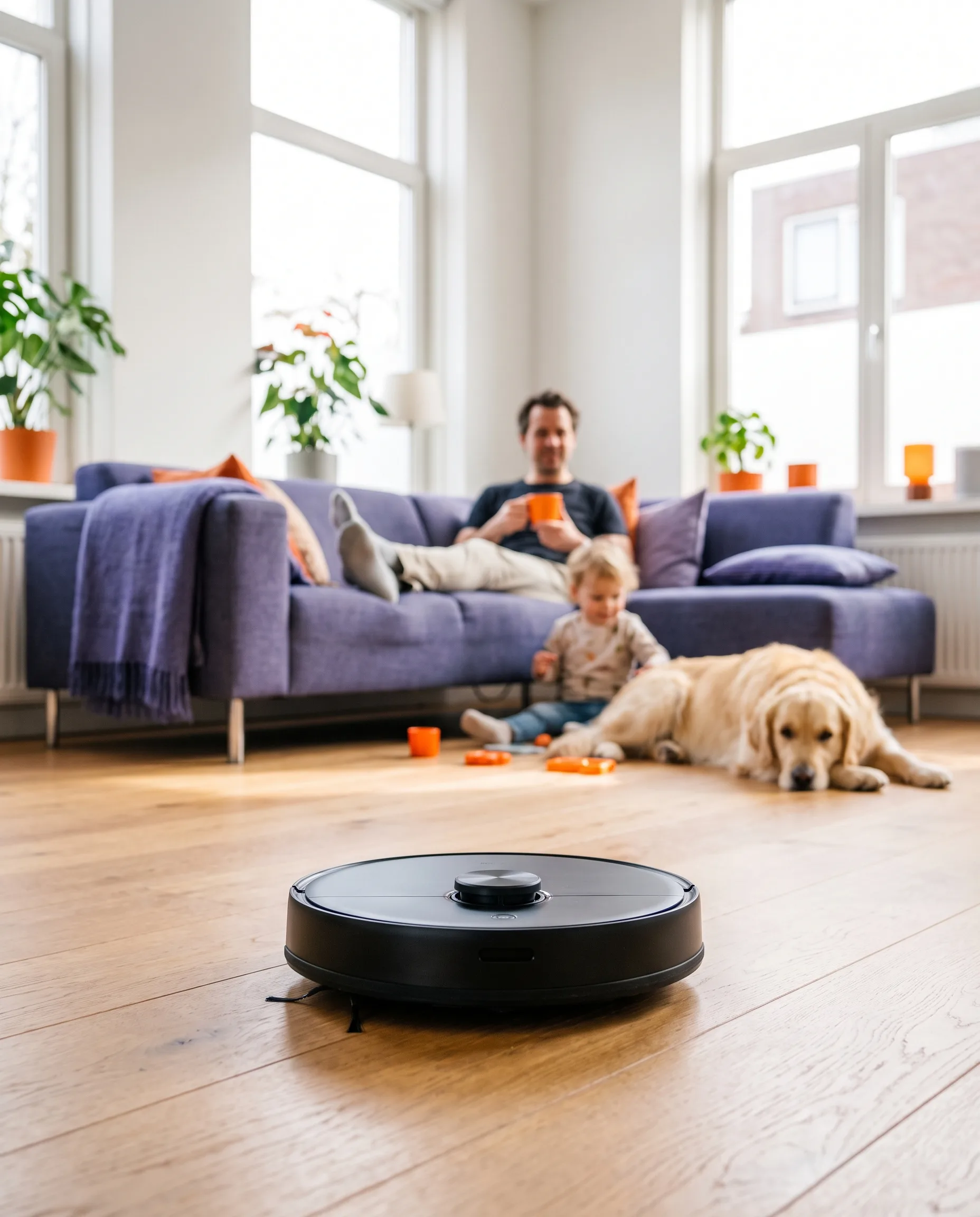 Robotstofzuiger rijdt over een houten vloer terwijl het gezin ontspant op de bank