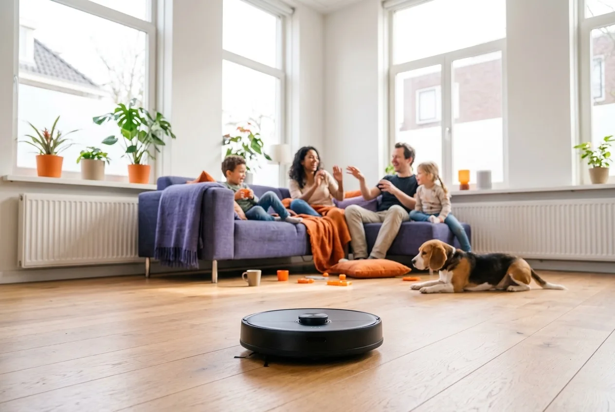 Lachend gezin op de bank terwijl de robotstofzuiger de vloer schoonmaakt