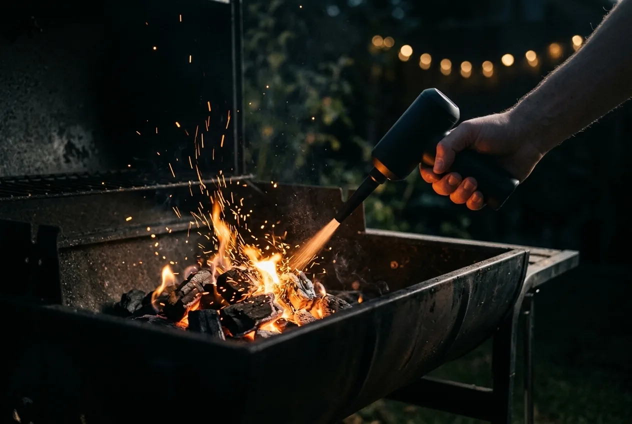Houtskool in een barbecue wordt aangewakkerd met de luchtblazer