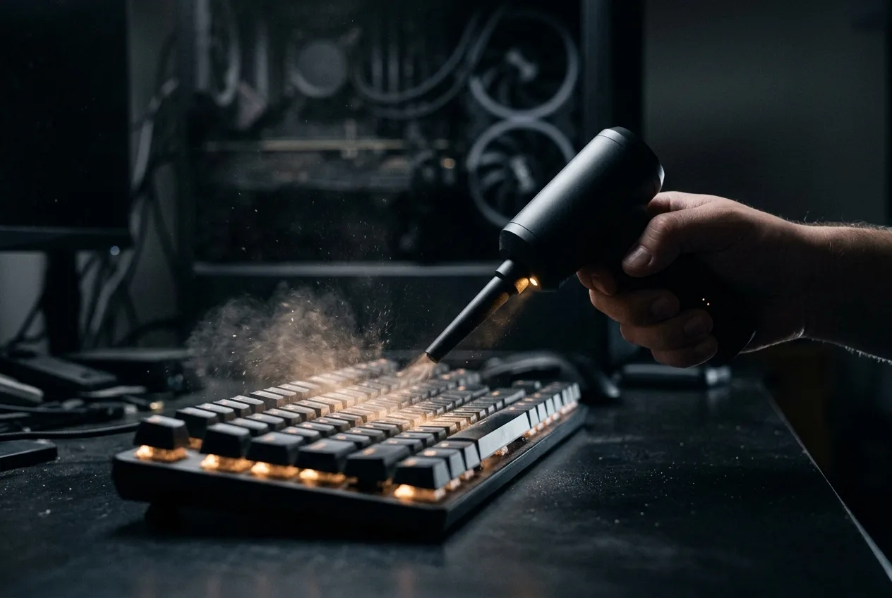 Luchtblazer blaast stof uit een gaming-toetsenbord