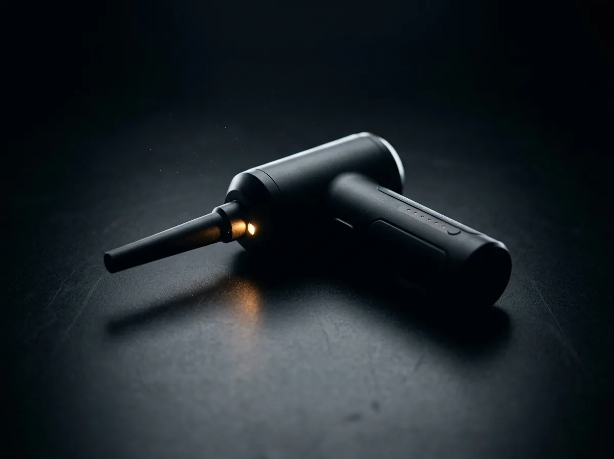 Close-up van de zwarte draadloze Turbo Jet Blower met brandend LED-lampje