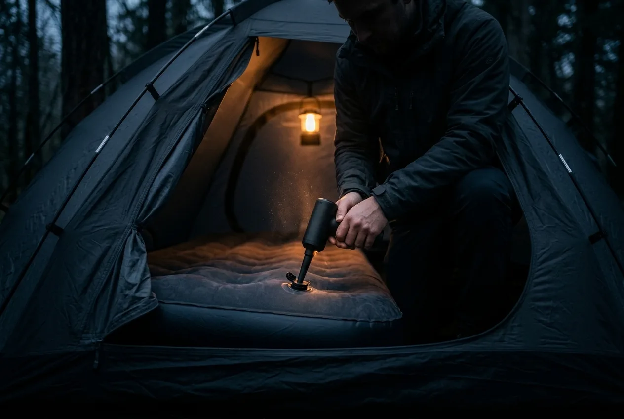 Luchtbed opblazen in een tent met de draadloze blazer