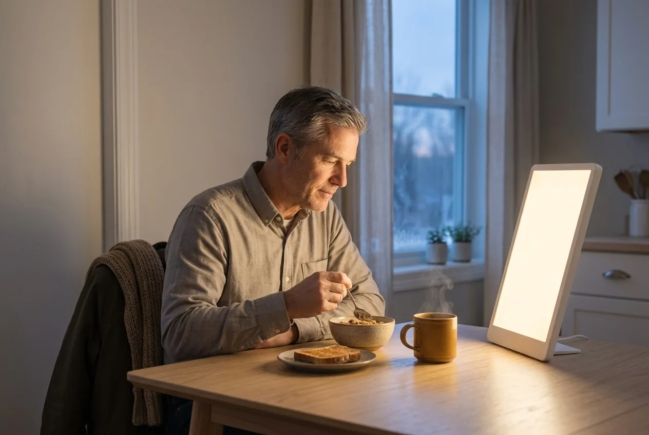 Vroege forens aan het ontbijt met een groot daglichtpaneel op tafel