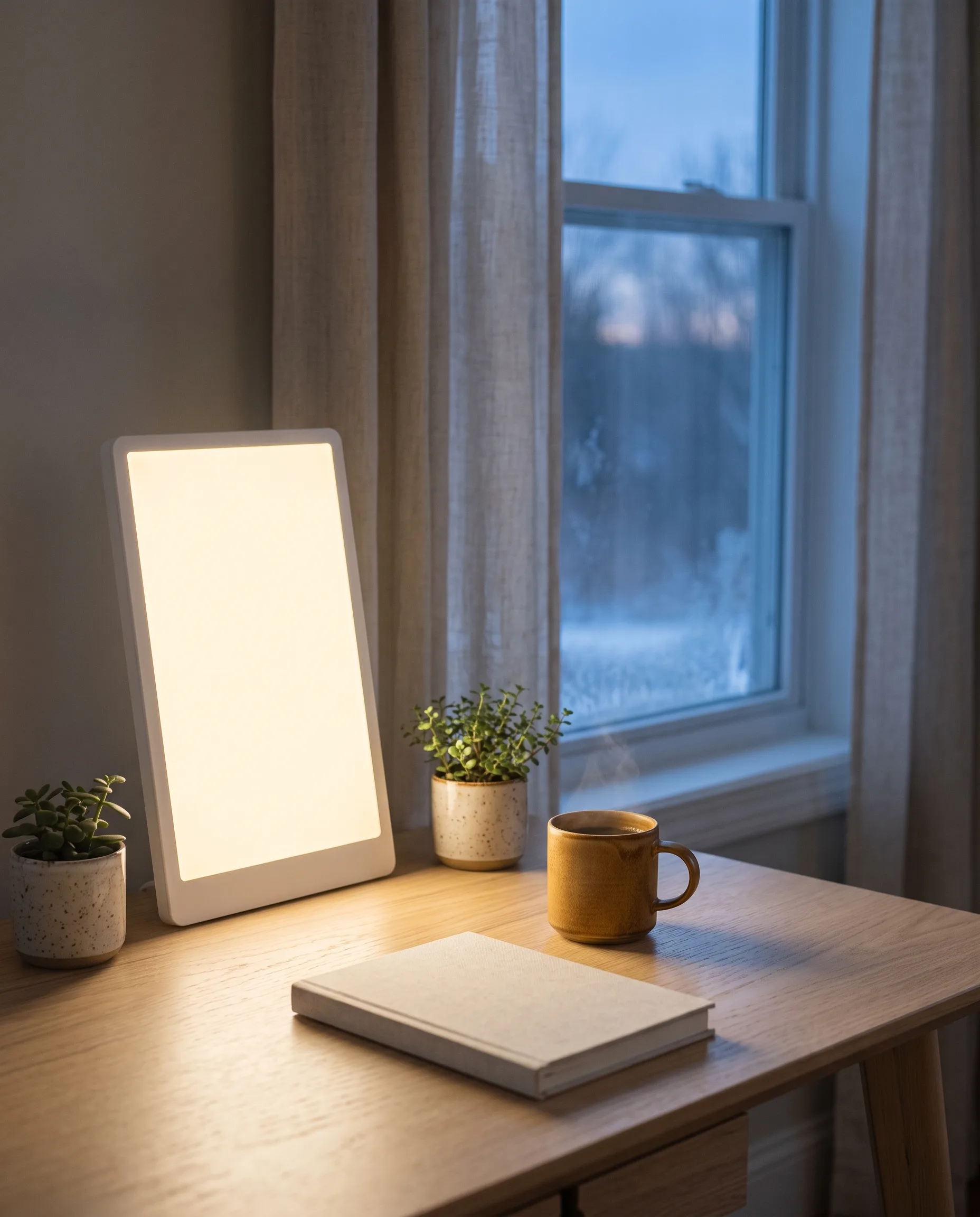 Een gloeiende witte daglichtlamp op een houten bureau bij een raam in de vroege ochtend