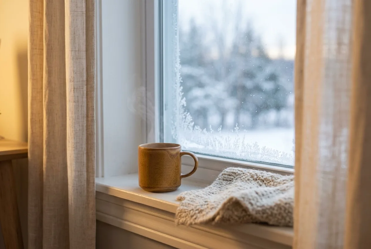 Beslagen raam op een winterochtend met een mok in warm lamplicht