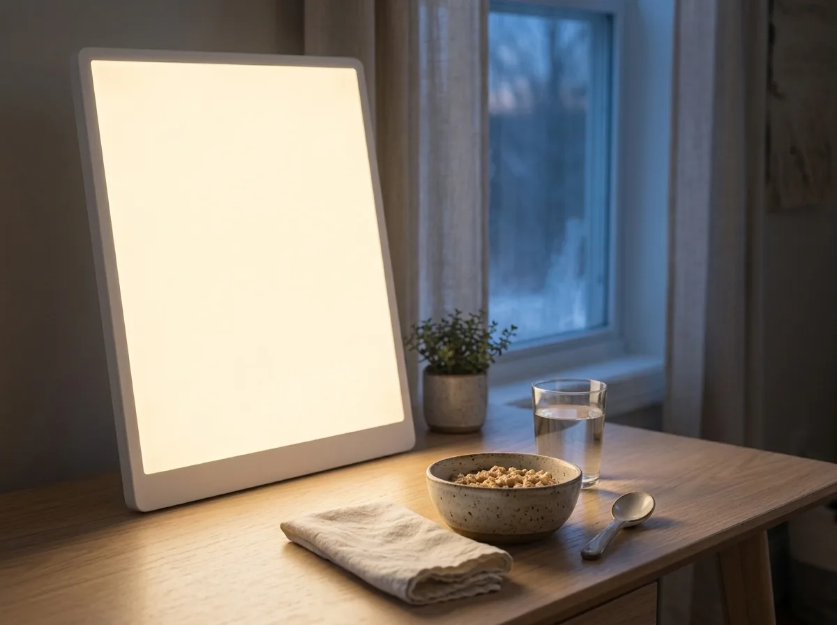 Groot daglichtlamppaneel op een ontbijttafel in de donkere ochtend