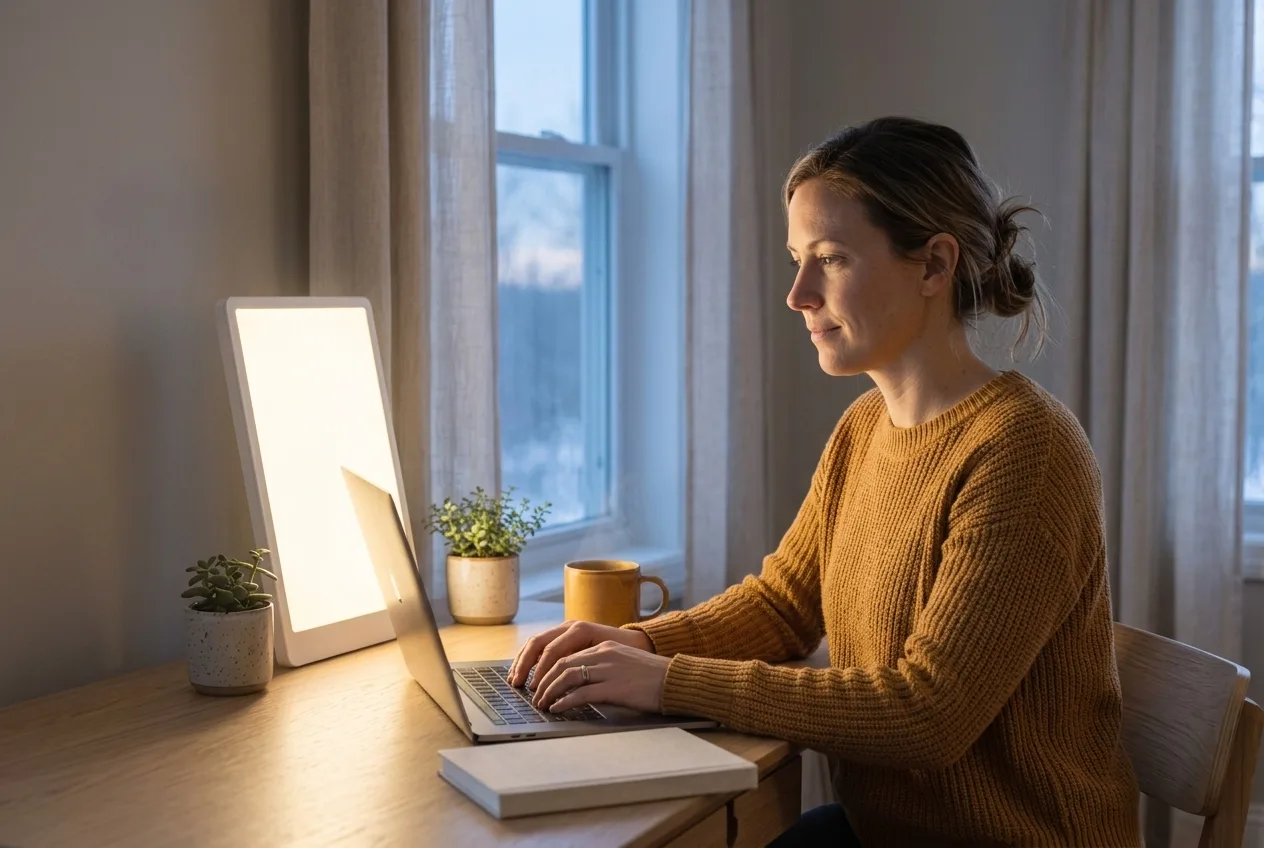 Thuiswerker aan een bureau met een kleine daglichtlamp in de vroege ochtend