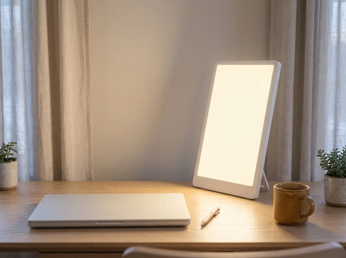 Compacte daglichtlamp op een standaard naast een laptop op een thuiswerkbureau