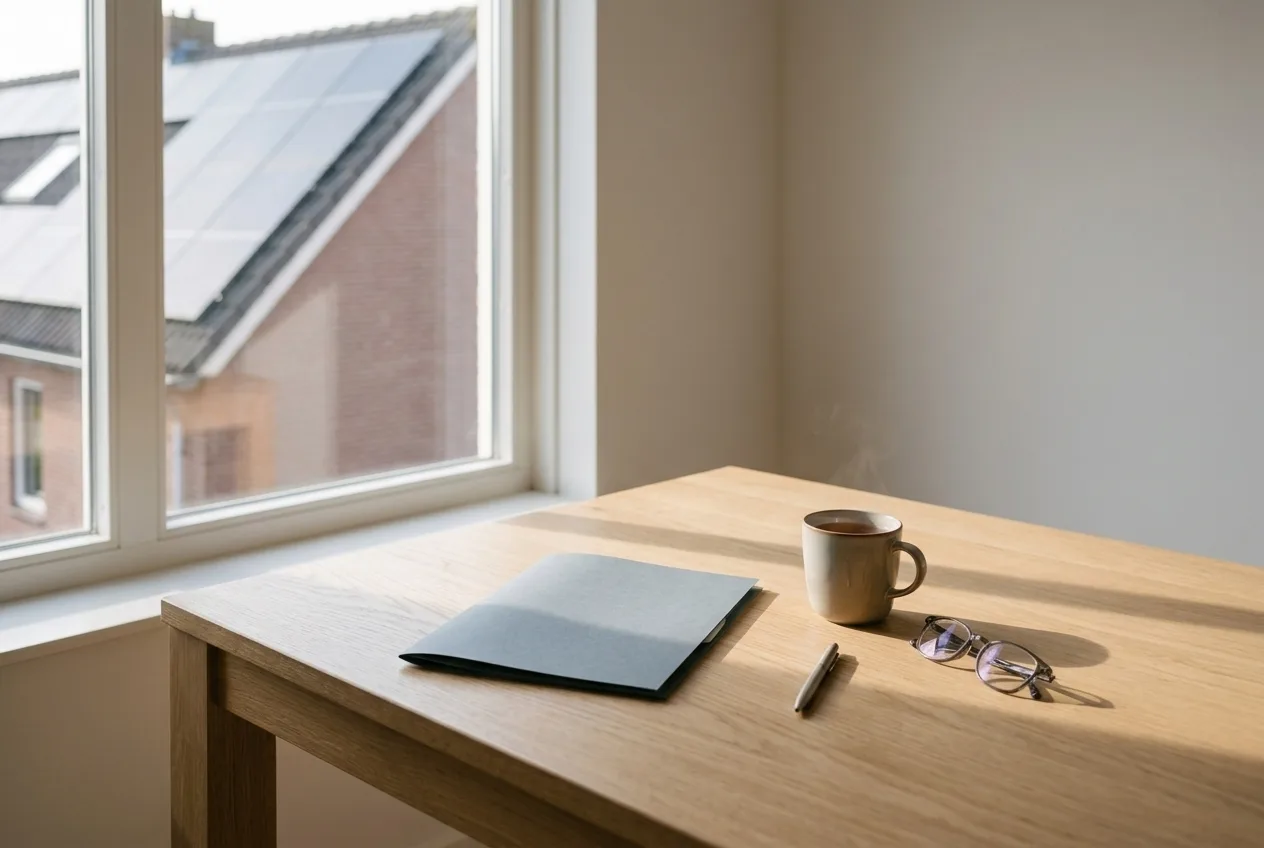 Keukentafel met map, thee en pen om het energiecontract door te nemen
