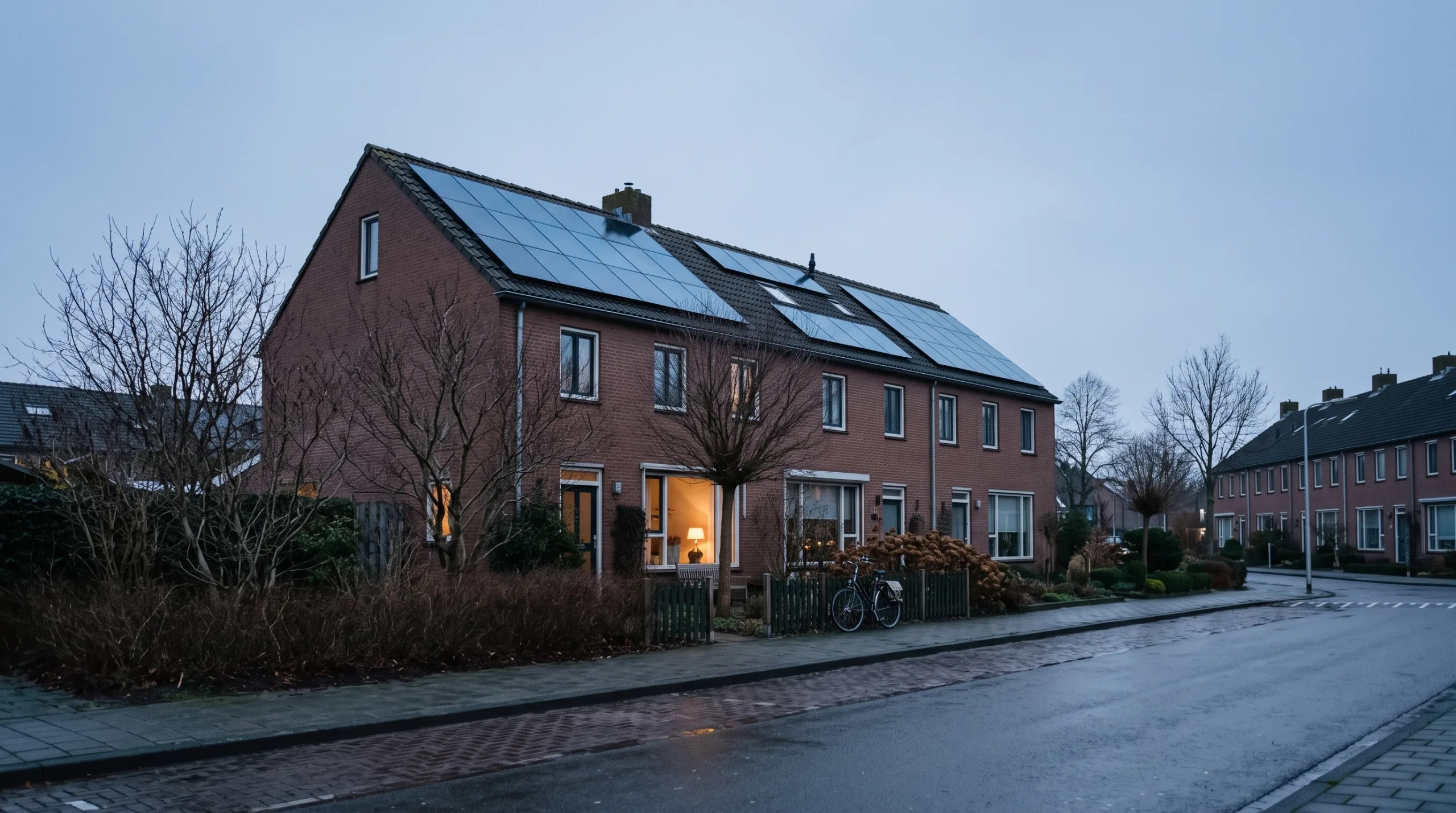 Nederlandse rijtjeswoning met zonnepanelen op een winteravond, met warm licht achter de ramen