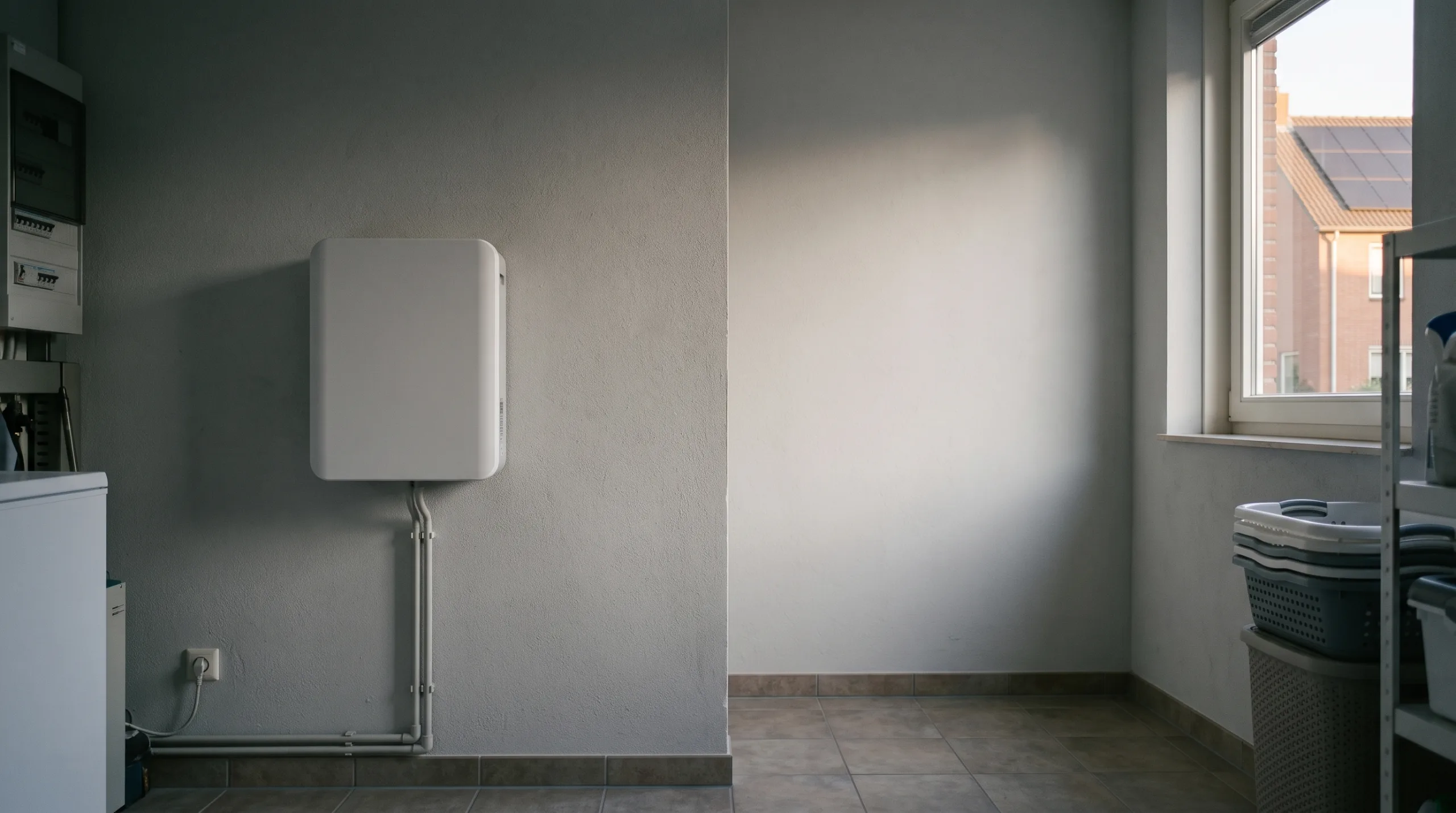 Witte thuisbatterij aan de muur van een bijkeuken, met zonnepanelen zichtbaar door het raam