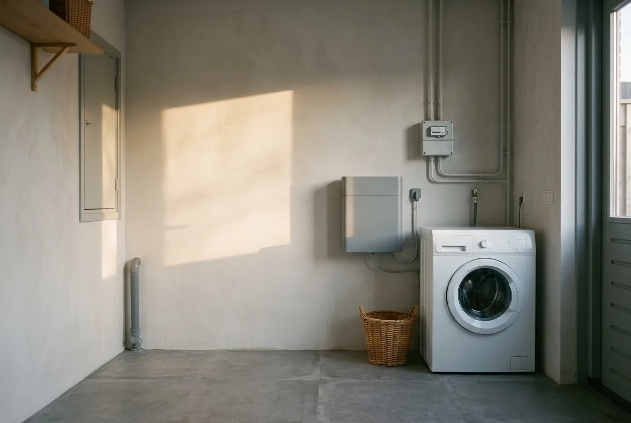 Bijkeuken met wasmachine en thuisbatterij aan de muur in het middaglicht