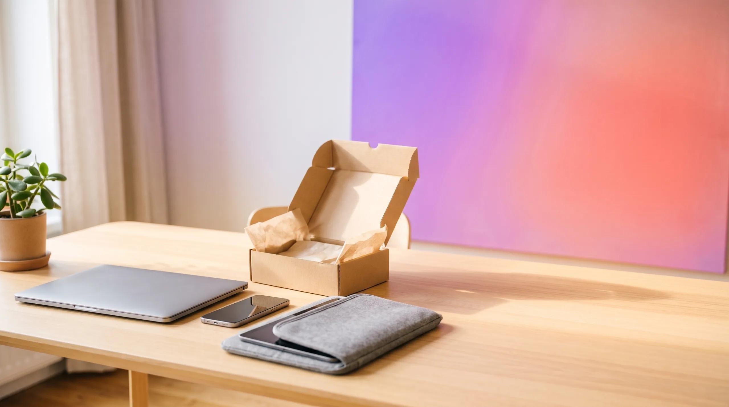 Nagekeken laptop, smartphone en tablet op een bureau naast een geopende verzenddoos