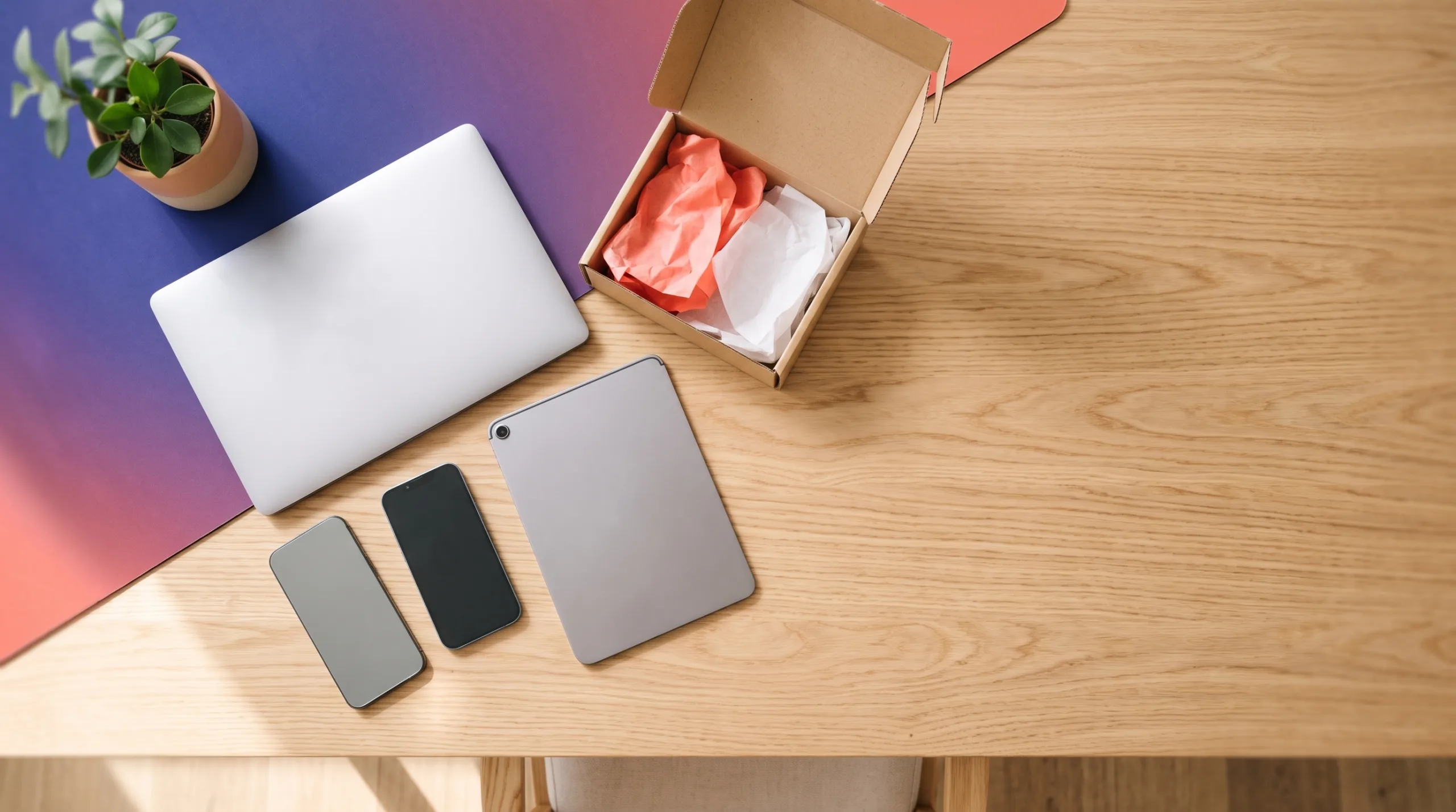 Refurbished laptop, smartphones en tablet op een houten bureau naast een geopende verzenddoos