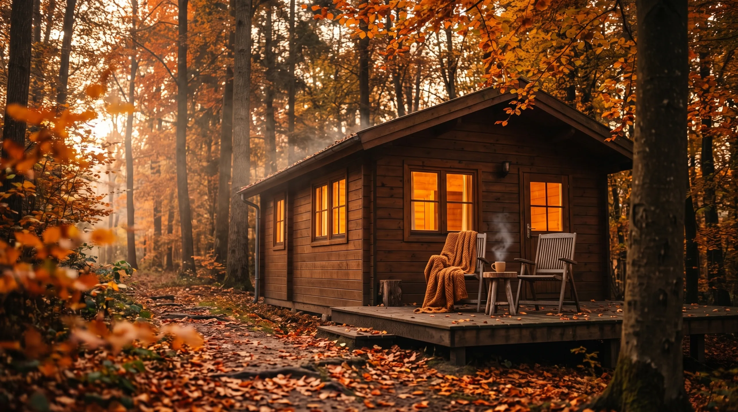 Knusse houten bungalow tussen herfstbomen met warm licht achter de ramen
