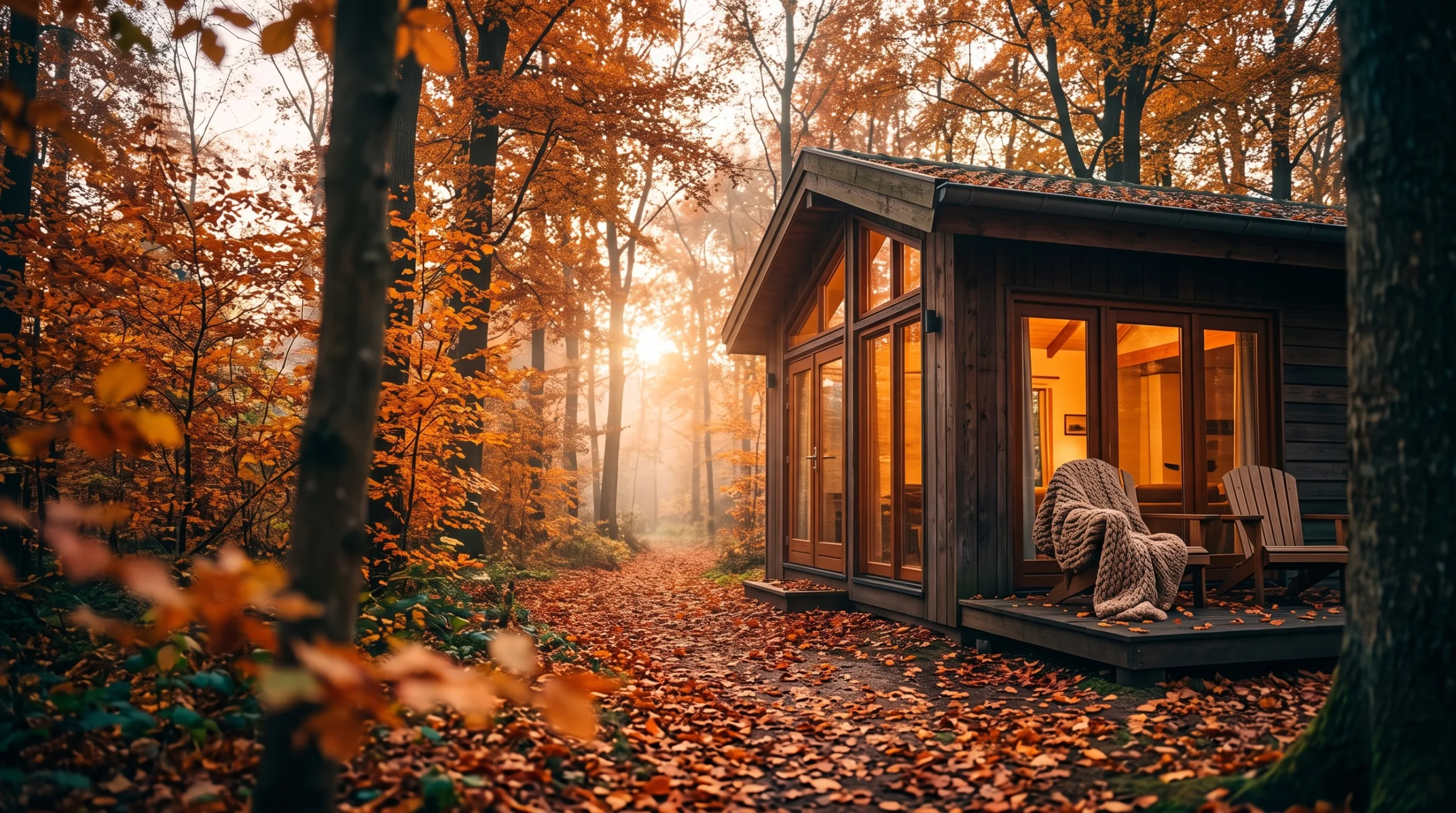 Gezellige vakantiebungalow in een herfstig bos met oranje bladeren