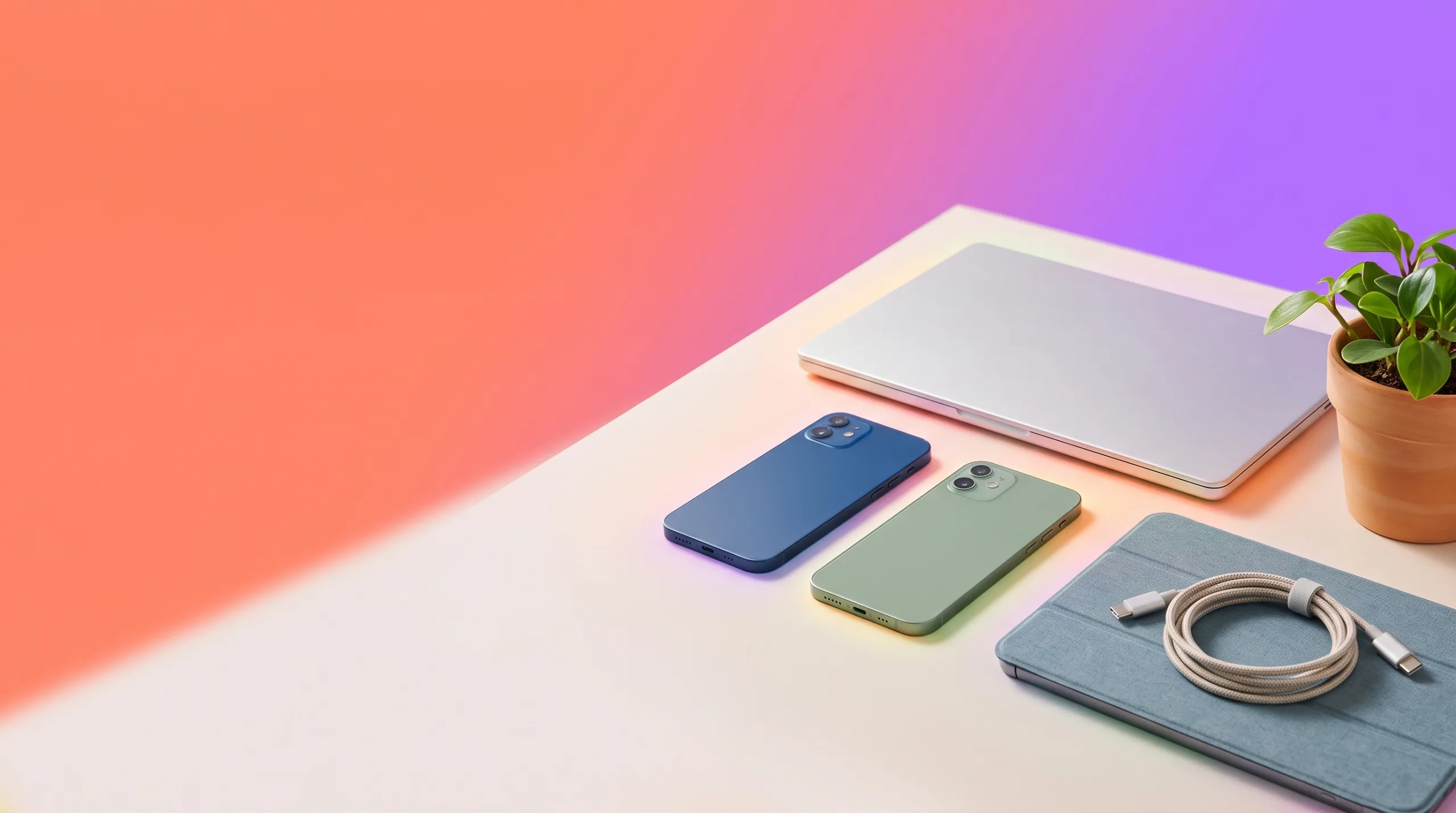 Refurbished laptop, smartphones en tablet netjes uitgestald op tafel