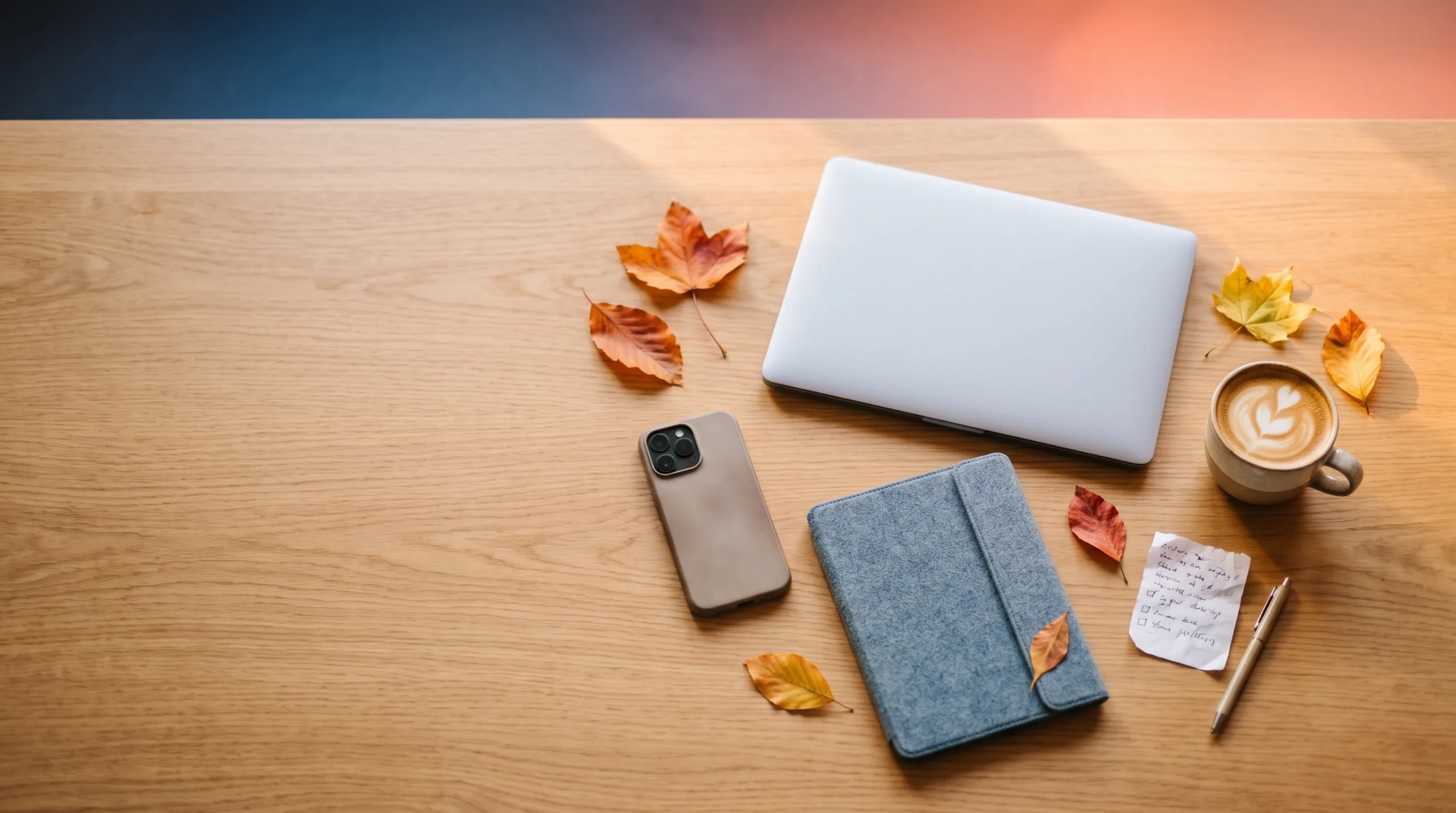 Gebruikte laptop, telefoon en tablet op een houten tafel met koffie en herfstbladeren