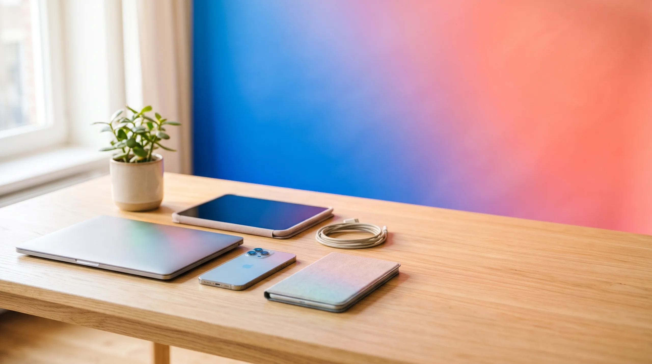 Opgeknapte laptop, smartphone en tablet op een houten tafel tegen een kleurrijke achtergrond