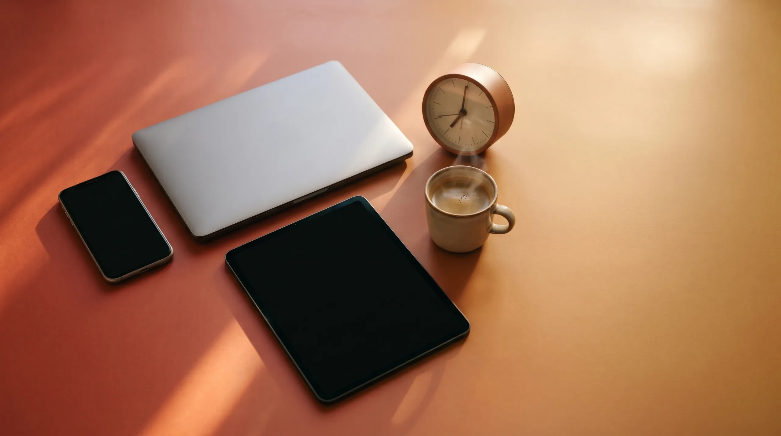 Refurbished smartphone, laptop en tablet naast een kop koffie en een wekker op zondagochtend