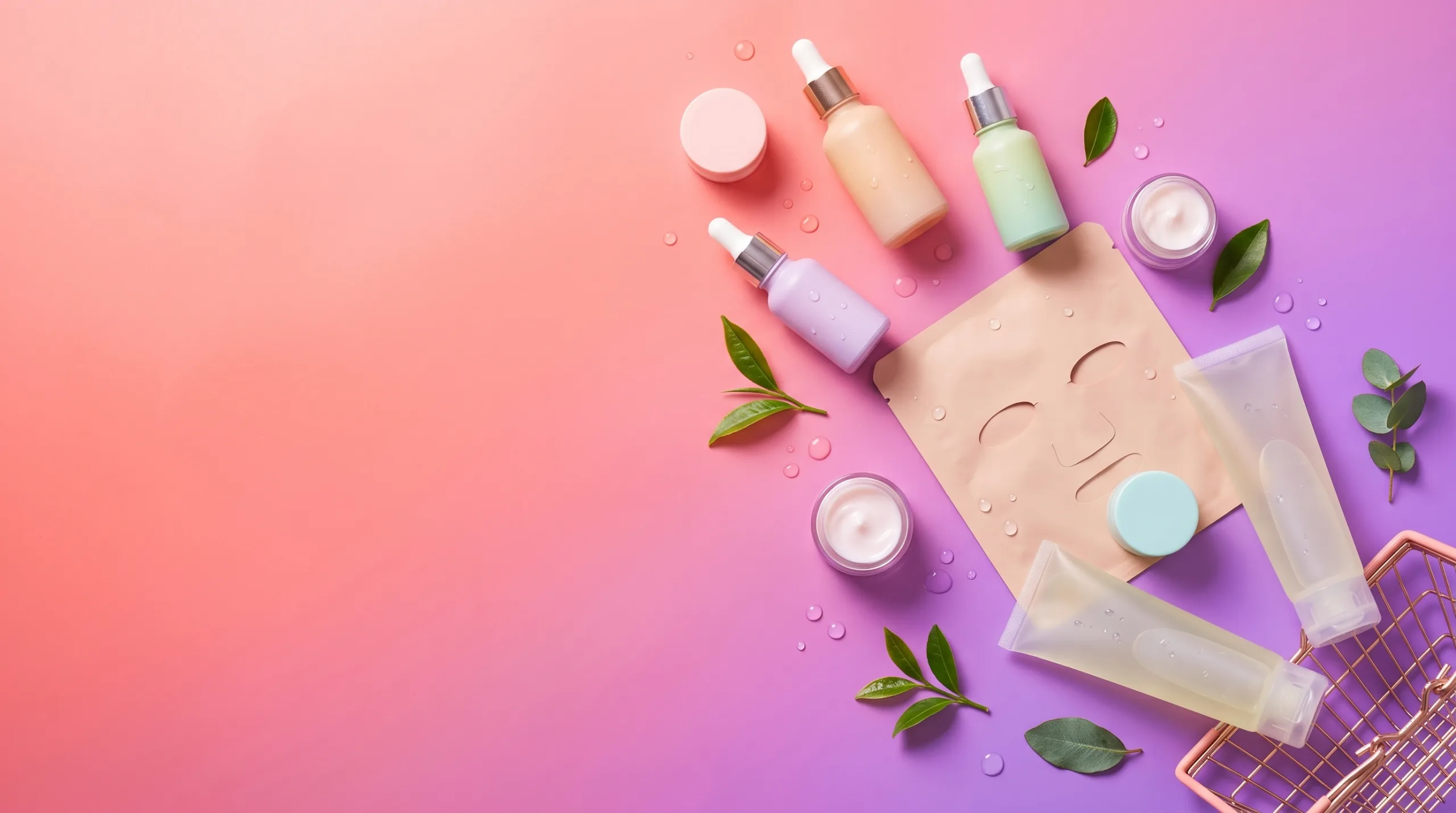 Kleurrijke flat lay van Koreaanse huidverzorgingsproducten zonder merk op een roze-paarse achtergrond