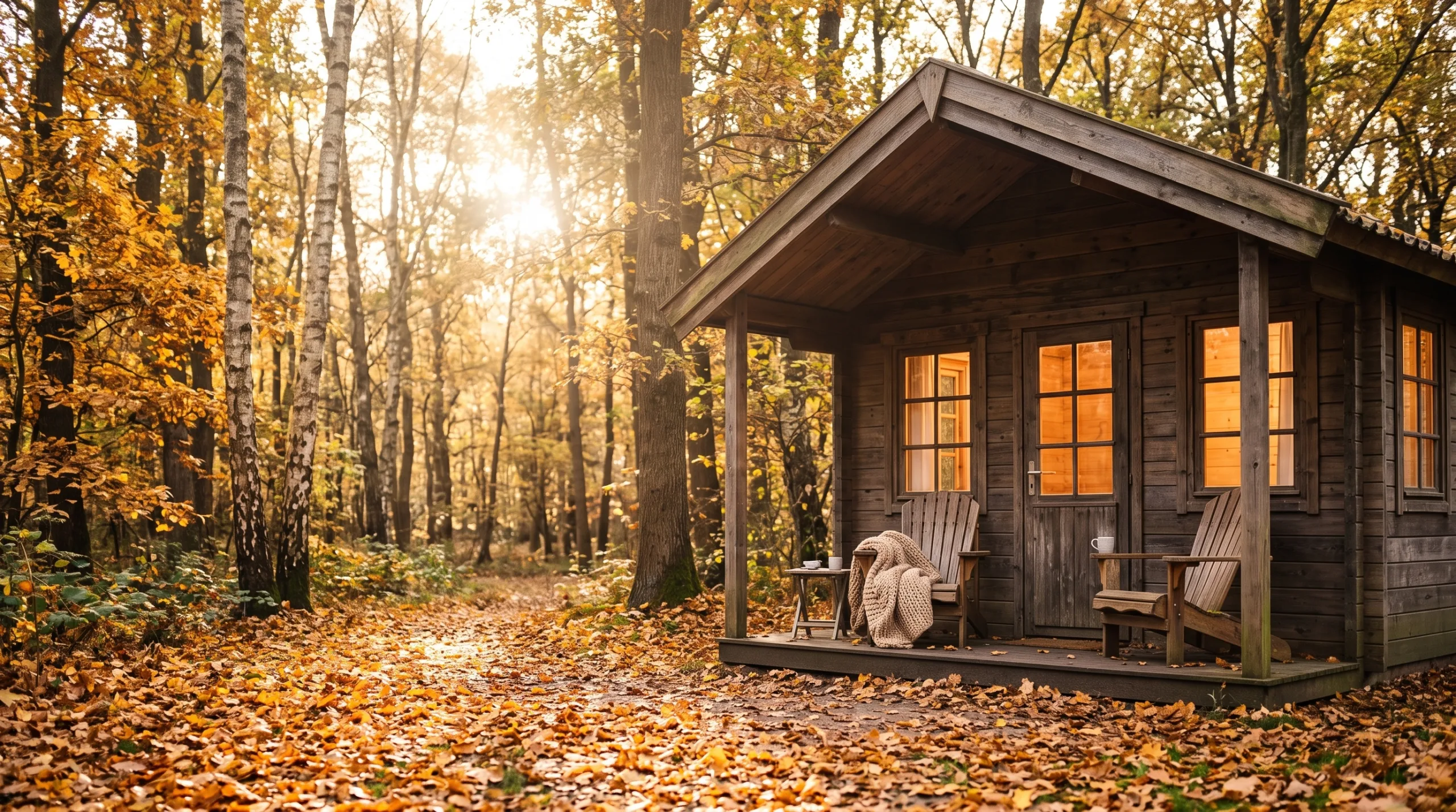 Gezellige houten bungalow in een herfstbos met warm licht achter de ramen