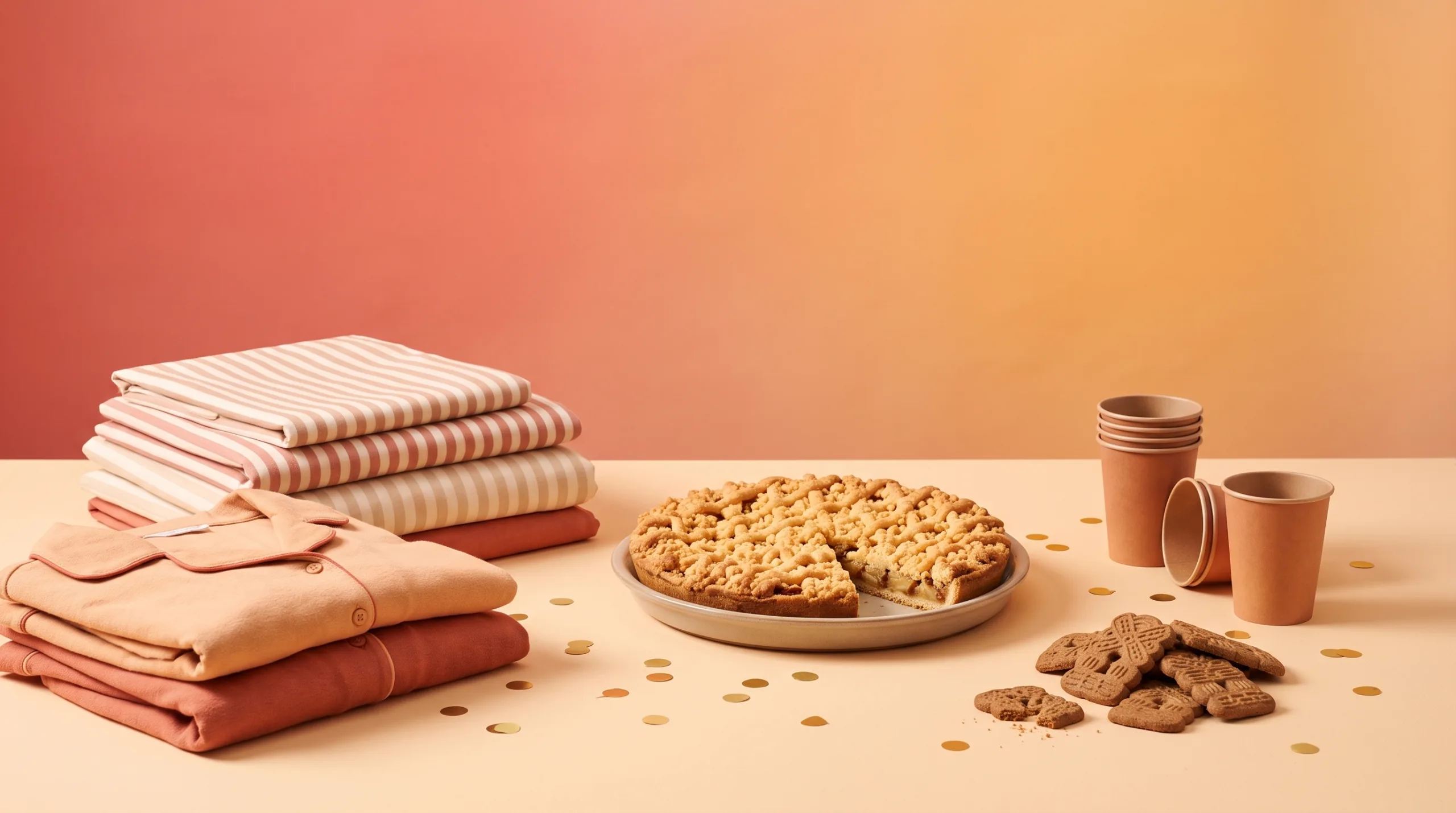 Opgevouwen beddengoed, pyjama, appelvlaai, speculaas en koffiebekers op een feestelijke kleurrijke achtergrond