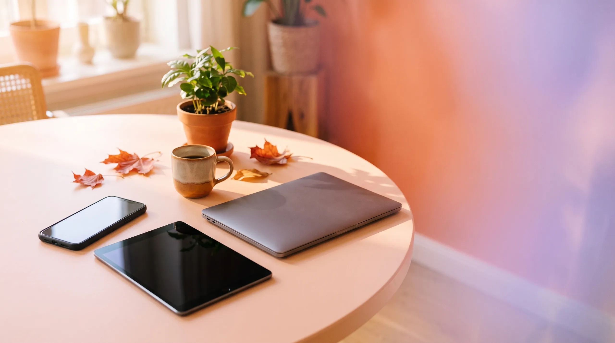 Refurbished smartphone, tablet en laptop op een tafel met koffie en herfstbladeren